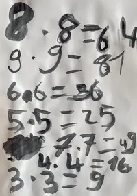 A watercolor picture with multiplication tasks like 9x9, 3x3, and the like with black watercolor.