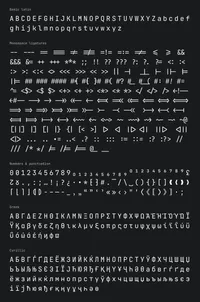 The character set of JetBrains Mono in white font color on black background