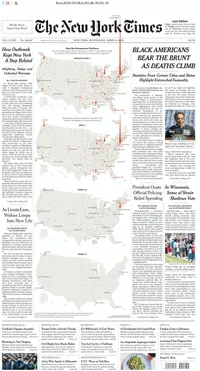 A map of North America with red cones symbolizing by their height the amount of deaths caused by COVID-19