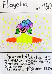 A drawn card of a Pokemon named Flagelia and its properties.