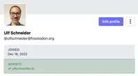 A screenshot of a Mastodon profile with a verified homepage link pointing from Mastodon to ulfschneider.io
