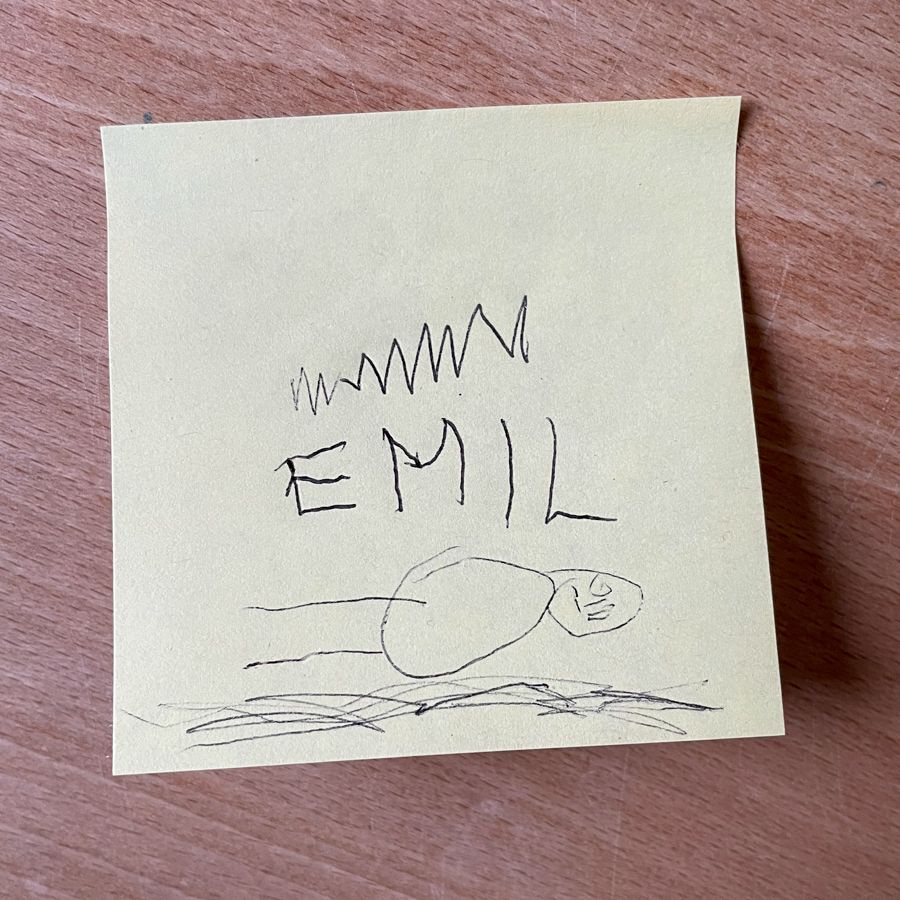 Hand-drawn image on sticky a note showing Emil´s name and me laying on the floor