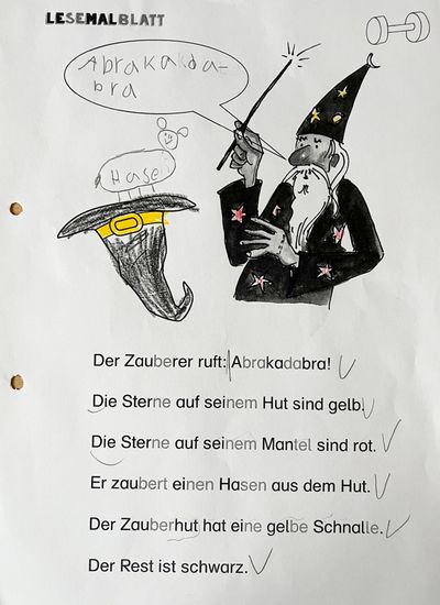 A school working sheet with sentences to read about a wizard who pulls a rabbit out of a hat. The upper half of the sheet contains a partially completed drawing of the wizard. The drawing needs to be completed by using the information that is given in the reading text.