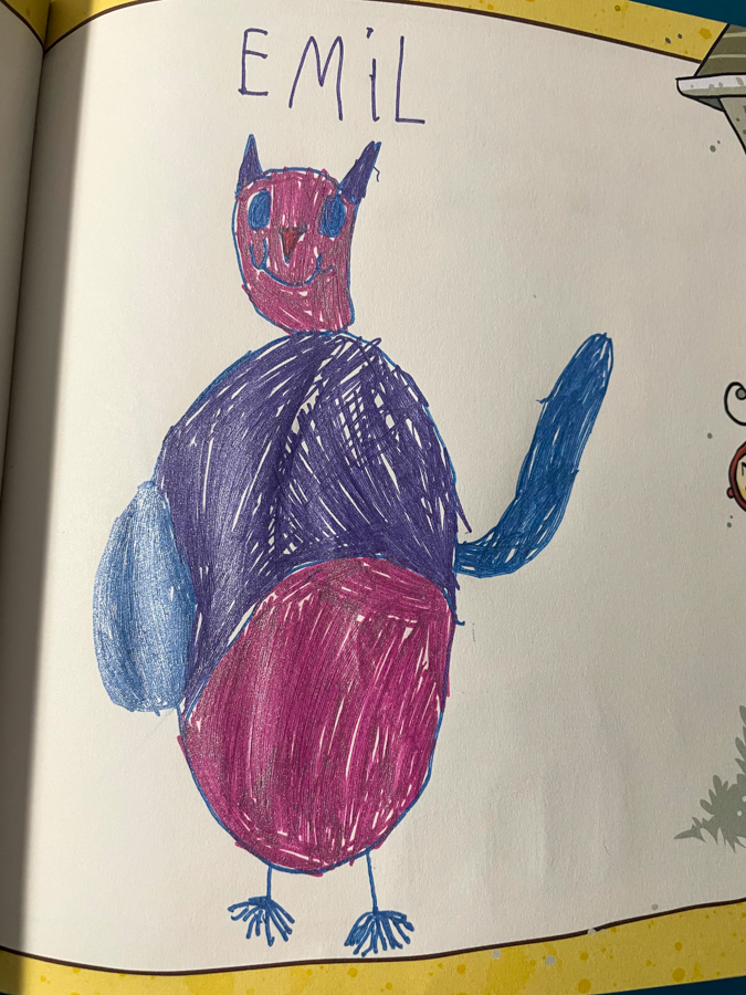 A drawing of a purple coloured owl waving with one wing to greet you. The name EMIL is written in capital letters at the top of the paper.