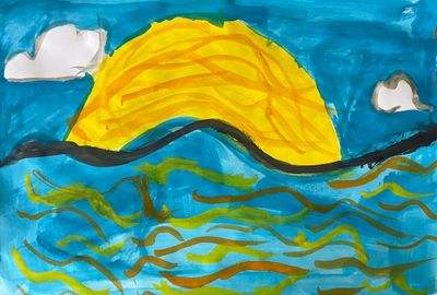 A watercolor painting of blue sky and blue see with an intense yellow sun.
