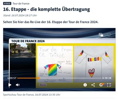 A screenshot of the television broadcast of the 16th Tour stage, showing Emil´s jersey.