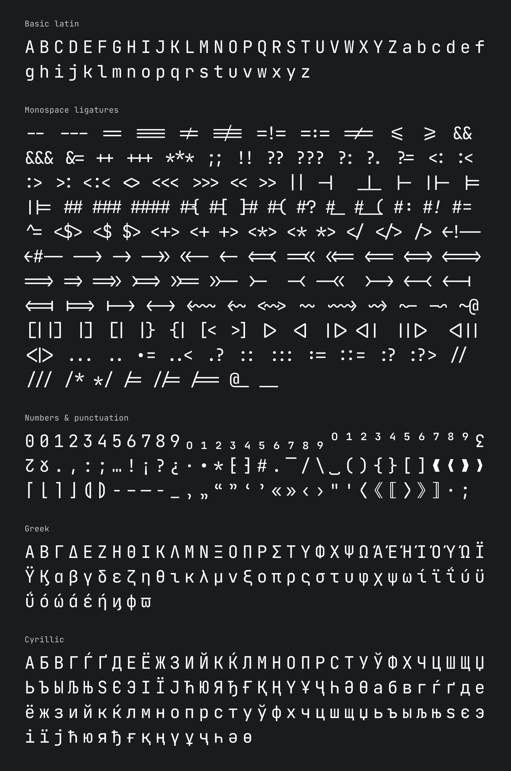 The character set of JetBrains Mono in white font color on black background