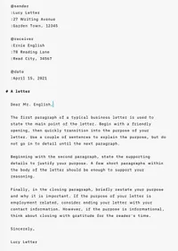 A markdown-formatted letter in the iA Writer editor, with indication for the sender-address, the receiver-address, and the date of writing.