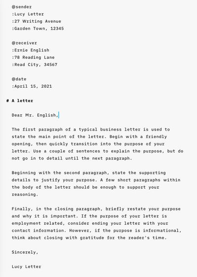 A markdown-formatted letter in the iA Writer editor, with indication for the sender-address, the receiver-address, and the date of writing.