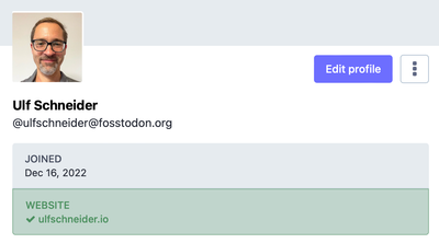 A screenshot of a Mastodon profile with a verified homepage link pointing from Mastodon to ulfschneider.io