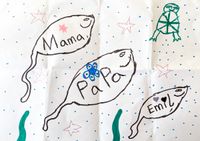 A drawing of three fishes, papa is the biggest, followed by mama, then Emil.