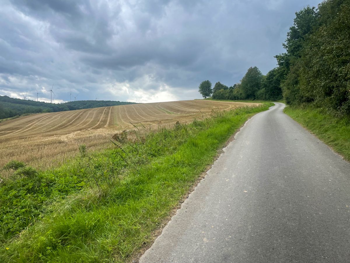 Heavy clouds in a rural environment with a harvested field. A small street going upwards.