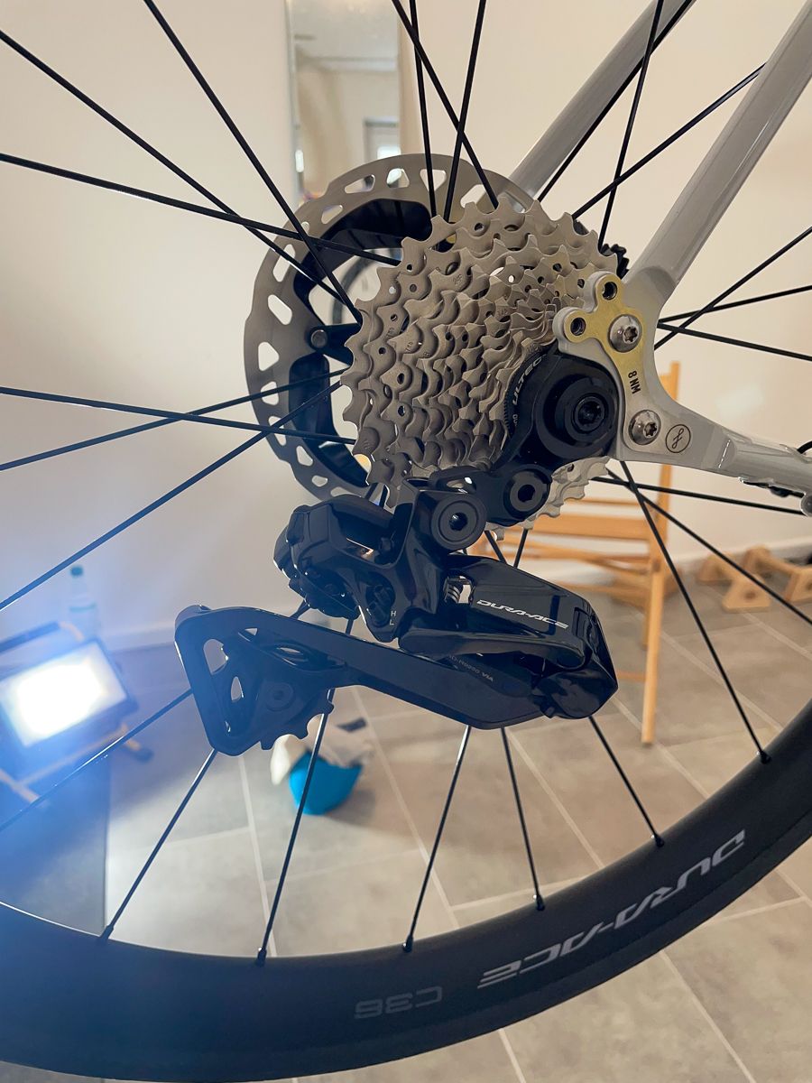 The rear derailleur attached to the frame
