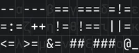 A black backgrounded animated gif displaying white JetBrains Mono ligatures vs. white non-ligatures