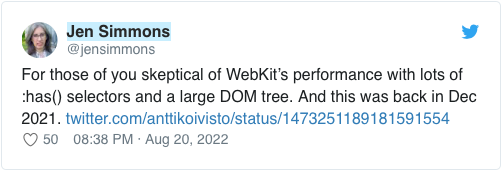A tweet by Jen Simmons with the default Twitter styling