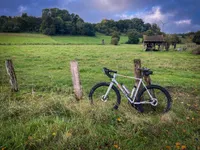 My white Strael steel race bike leaning at a fence in front of a meadow with a shed in the background.