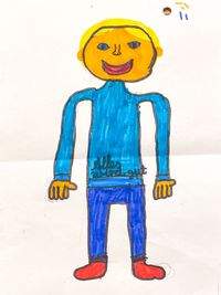 A marker drawing of a blond-haired boy wearing a light blue shirt with a print 'everything will be fine'.