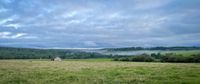 A misty green valley with woods and meadows